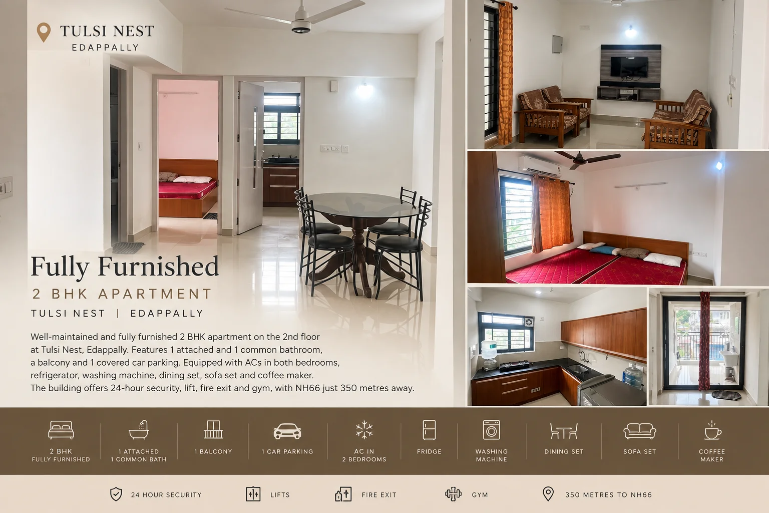 Fully Furnished 2BHK on 2nd floor at Edappally - Edappally, Kochi