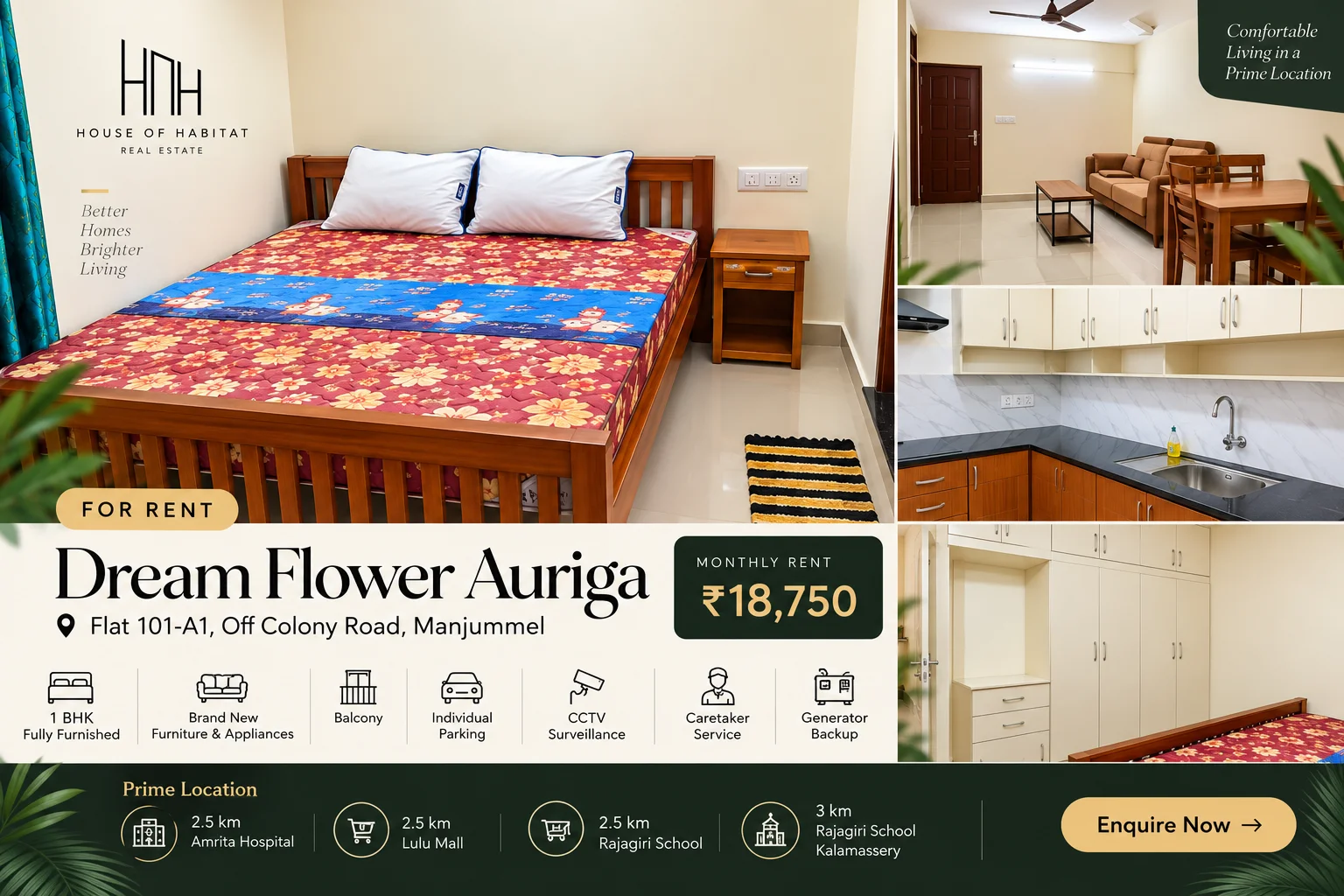 Fully Furnished 1BHK on 1st floor at Kalamassery - Manjummel, Kochi